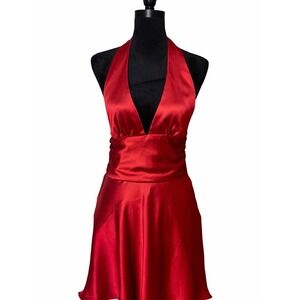 ZARA Halter Neck Mini Dress Women Medium Red 2822/255/600 Satin Open Back Bow